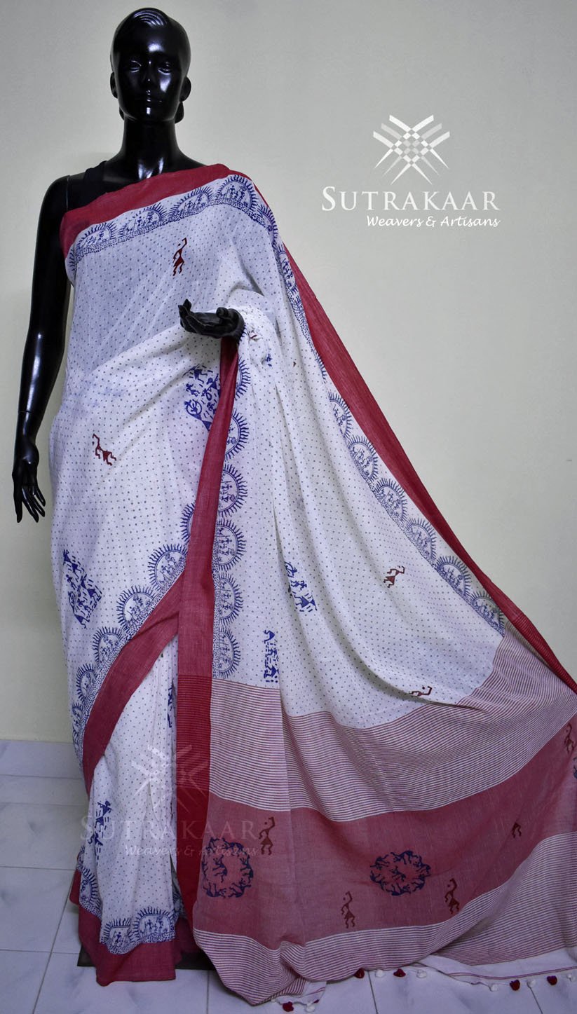 Bengal Cotton Women`s Traditional Bengali Flower Design Bengamuri Pure  Handloom Cotton Saree With Blouse Piece (White red) : Amazon.in: Fashion