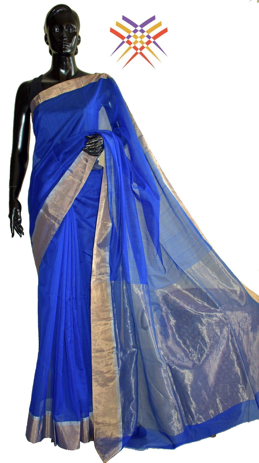 Mannequin in blue and gold border indian handloom saree