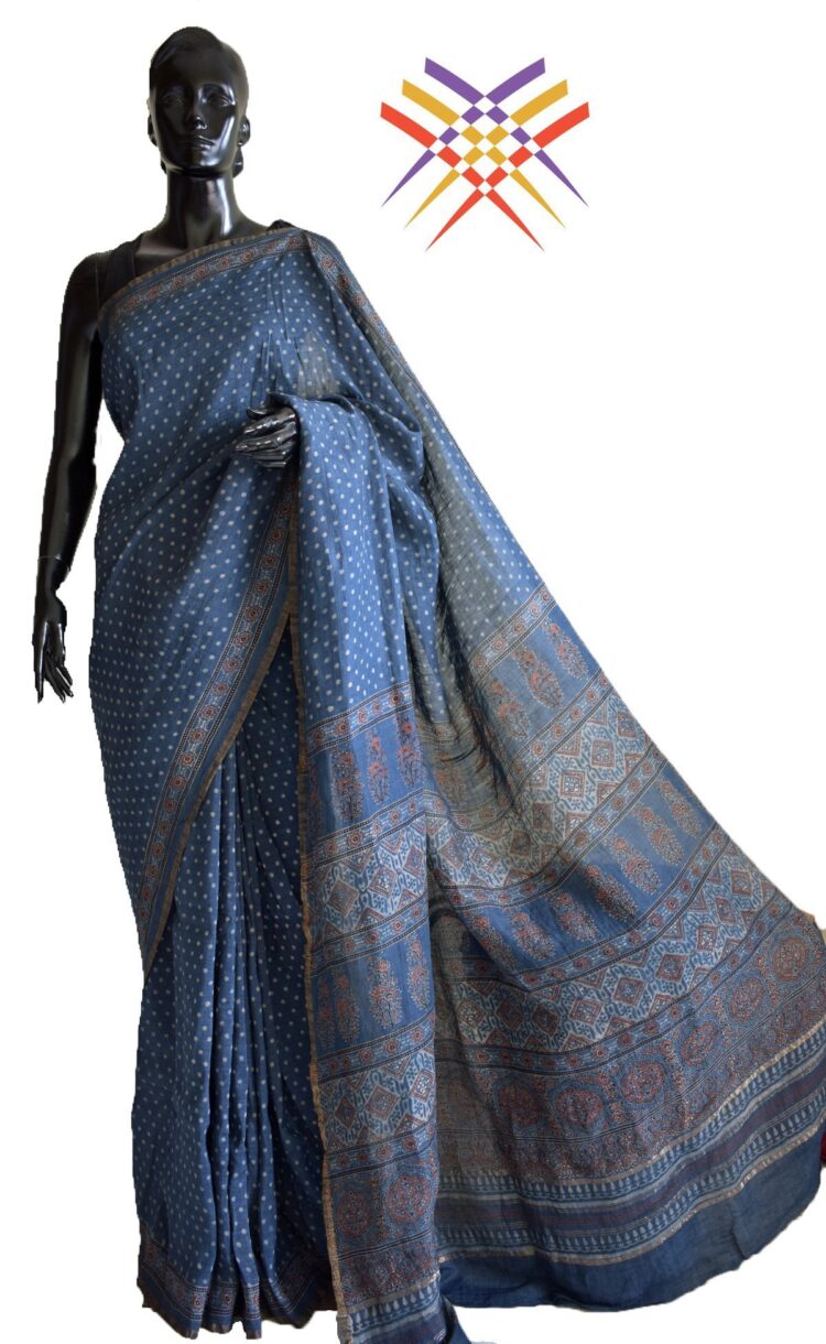 Ajrakh Saree in Indigo Blue
