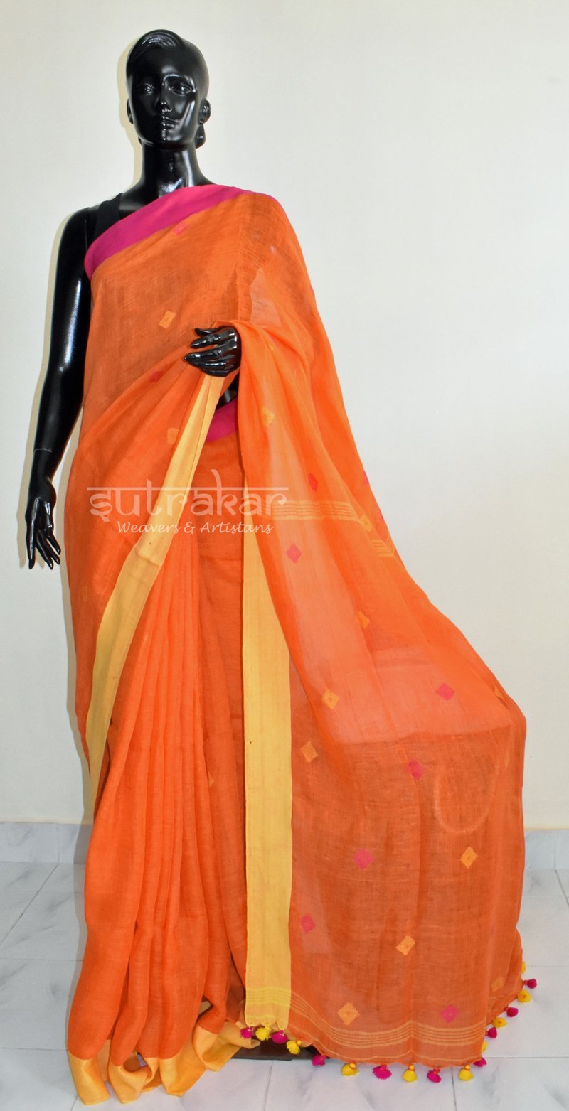 Orange Cotton Zari Saree|Hungry Sitara|Suta