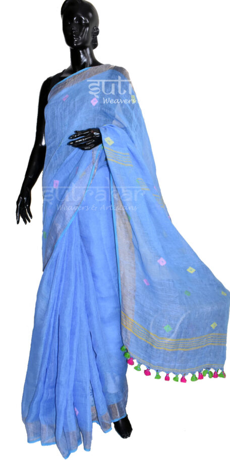 Chambray Blue Linen Saree