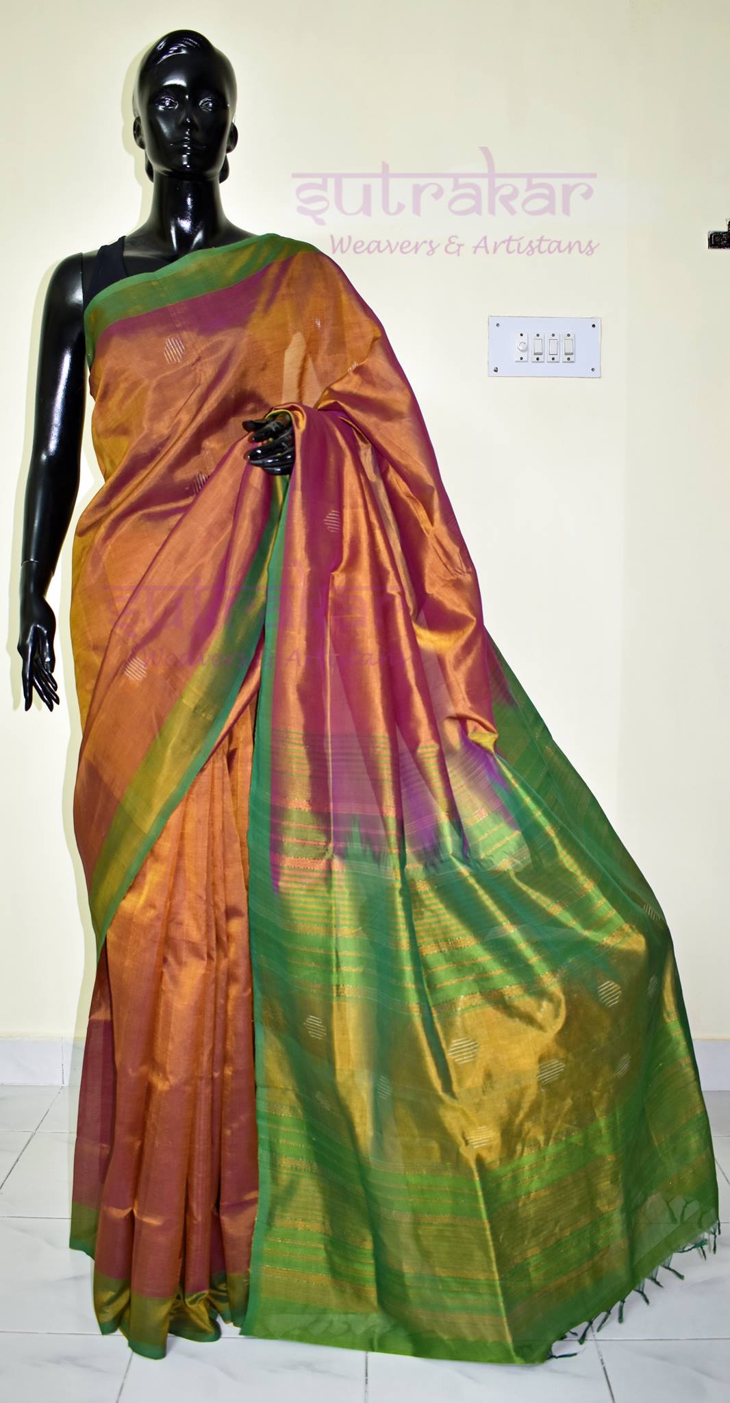 Bamboo silk saree dark magenta and grey with copper zari woven buttas –  Prashanti Sarees