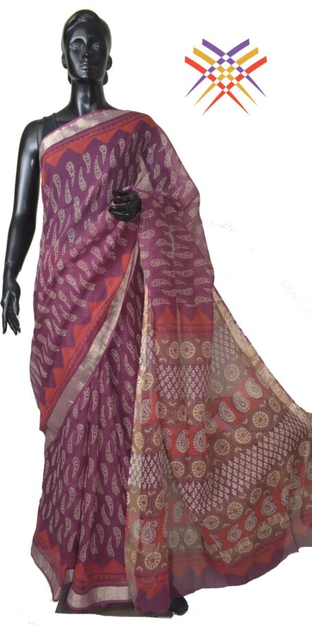 Bagru Print Cotton Linen Saree, Indigo colour - By Nivedita Fashions